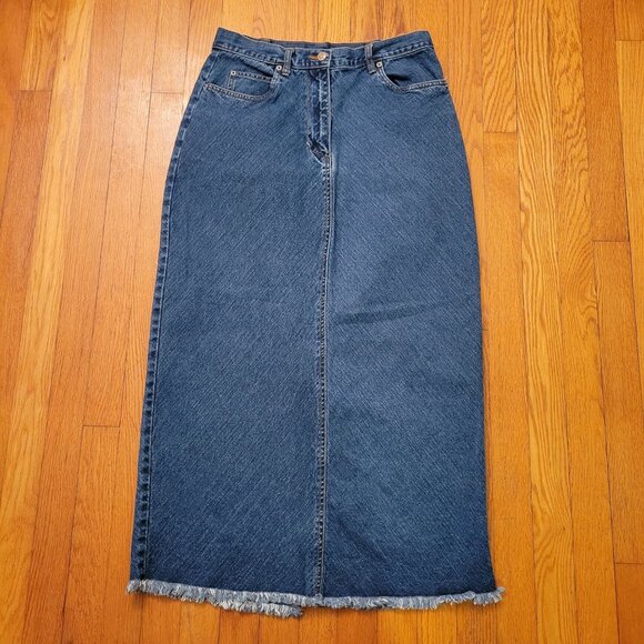 Vintage Bill Blass 8 High Waisted Denim Maxi Skirt Frayed Hem Modest - Picture 1 of 6